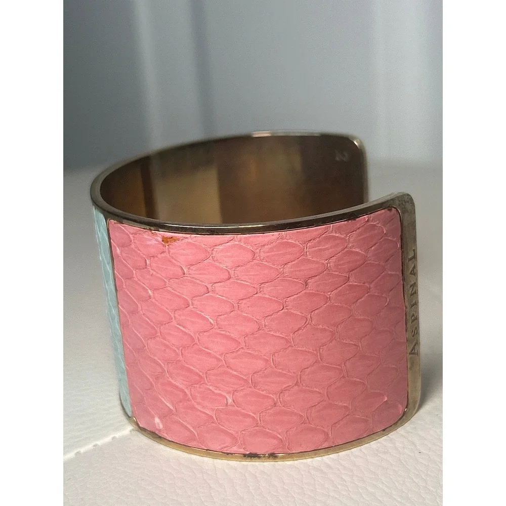 Aspinal London Pink Aqua Snakeskin Leather Wide Cuff Bracelet England